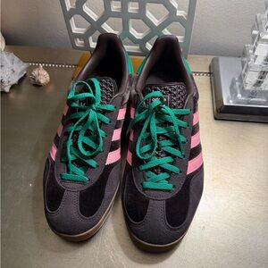 Adidas Women's Chocolate Brown and Pink Sneakers with Green Accents